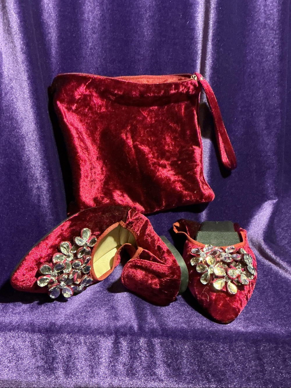 Red Velvet Jeweled Flats with Bag